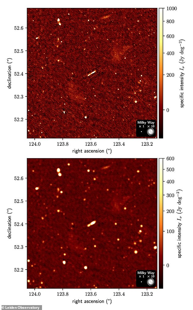 Oye und sein Team entdeckten die größte bekannte Galaxie, als sie nach Ausreißern in Daten suchten, die von Europe's Low Frequency Array gesammelt wurden.  Die Forscher mussten eingebettete Radioquellen aus den Bildern entfernen, um die Funkkeulen freizulegen und Alcyoneus zu lokalisieren (im Bild).