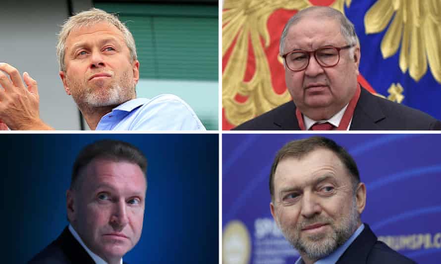 Im Uhrzeigersinn von links: Die Geschäftsleute Roman Abramovich, Alisher Usmanov, Oleg Deripaska und Igor Shuvalov erscheinen alle auf Russia's Asset Tracker.