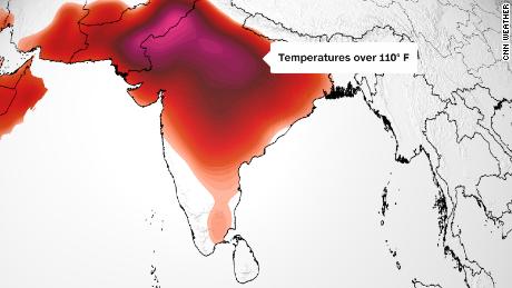 Die Vorhersagekarte zeigt, dass der größte Teil Indiens am Freitag hohen Temperaturen ausgesetzt sein wird: über 32 °C/90 °F (in Orangetönen);  Über 38 °C (in rot);  oder über 43 °C/110 °F (rosa).