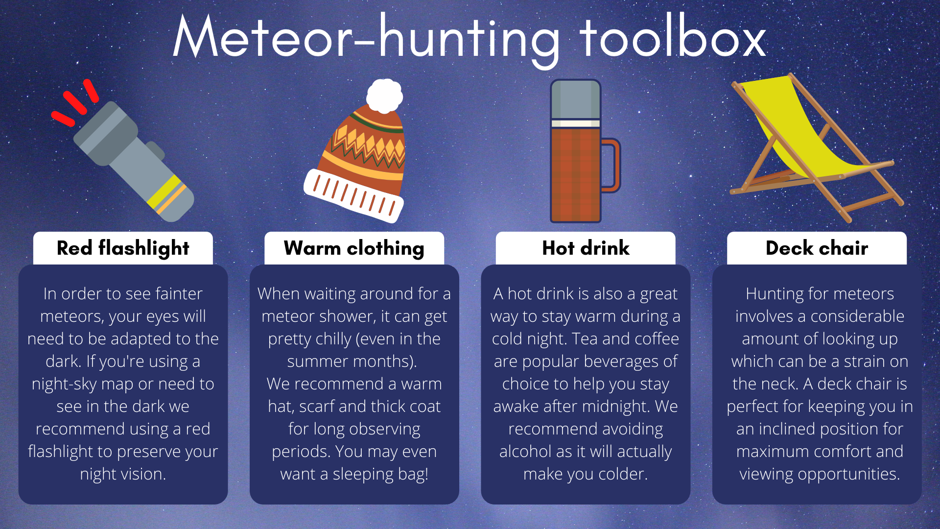 Für das perfekte Meteoritenjagd-Erlebnis benötigen Sie eine Referenz-Taschenlampe, warme Kleidung, ein heißes Getränk und einen schönen Liegestuhl.