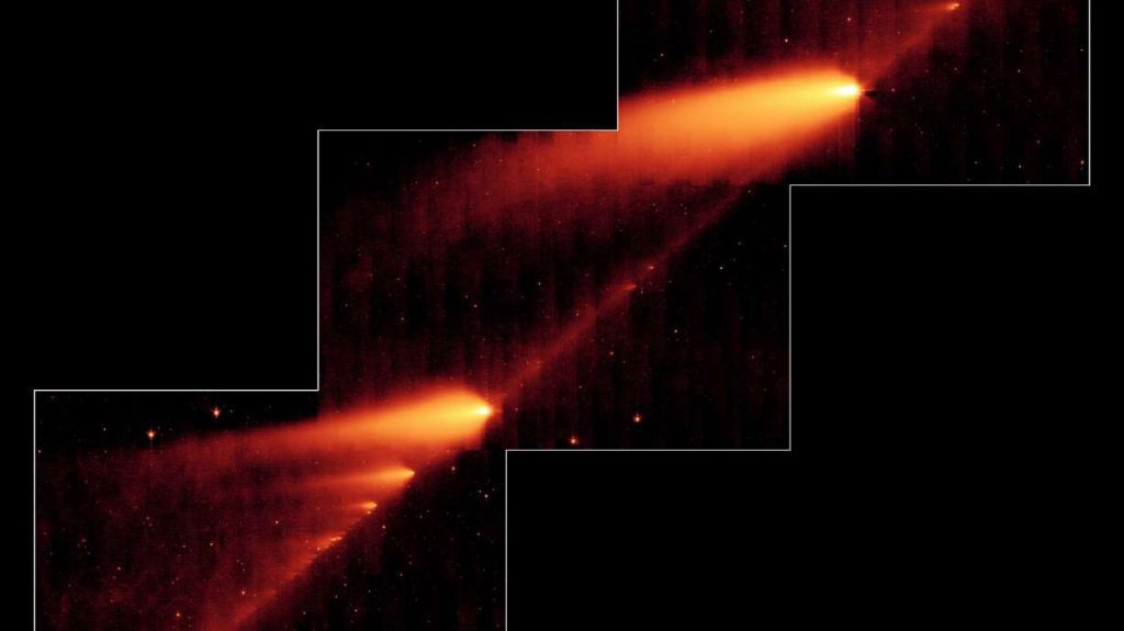 Infrared image of Comet SW3 taken by NASA's Spitzer Space Telescope in 2006. The comet has been breaking up since 1995, providing possible conditions for a meteor shower Monday evening.
