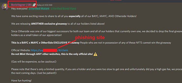 Abgebildet ist ein Phishing-Betrug, der an Mitglieder des Bored Ape Yacht Club und anderer Metaverse-Discord-Gruppen gesendet wird