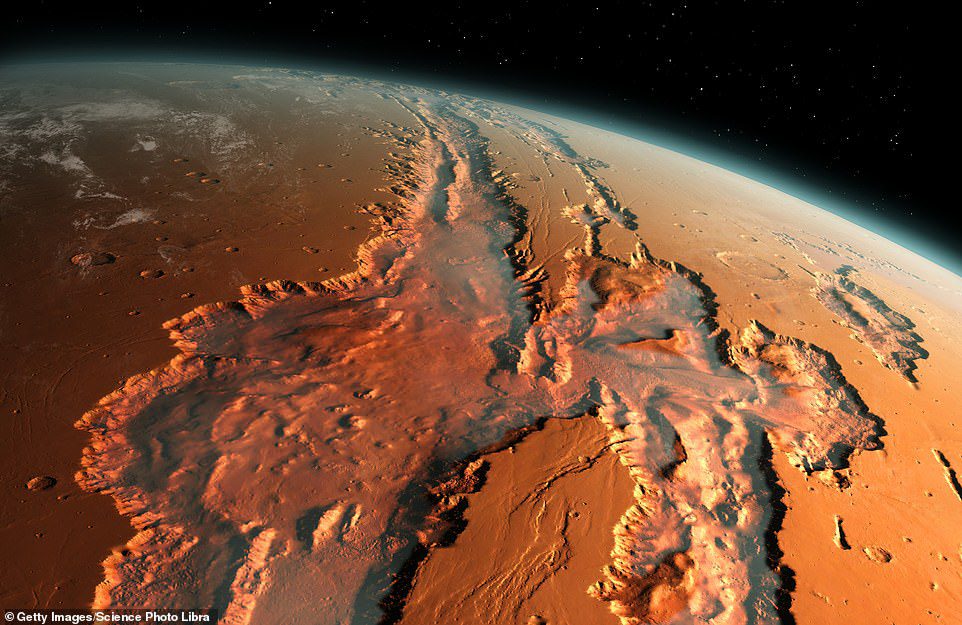 Oben ist eine Illustration einer geneigten Ansicht des riesigen Valles Marineris Valley-Systems auf dem Mars.  Die Schluchten wurden durch eine Kombination aus geologischen Verwerfungen, Erdrutschen, Winderosion und alten Wasserläufen gebildet