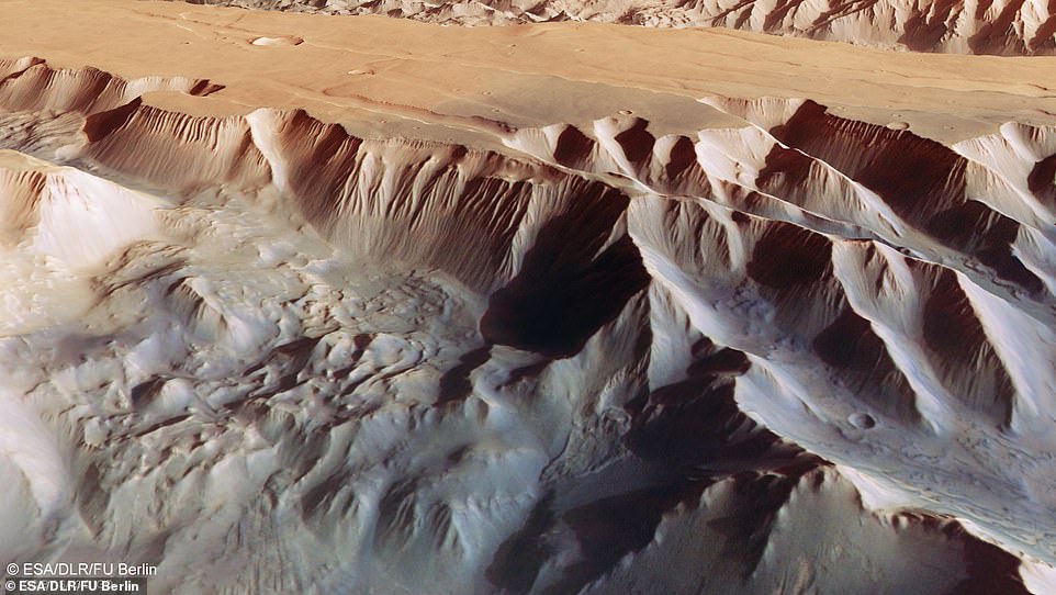 Diese schiefe perspektivische Ansicht von Tithonium Chasma (oben abgebildet), das Teil der Valles Marineris-Talstruktur des Mars ist, wurde aus dem digitalen Geländemodell, analogen und Farbkanälen der hochauflösenden Stereokamera auf dem Mars Express der Europäischen Weltraumorganisation erstellt .
