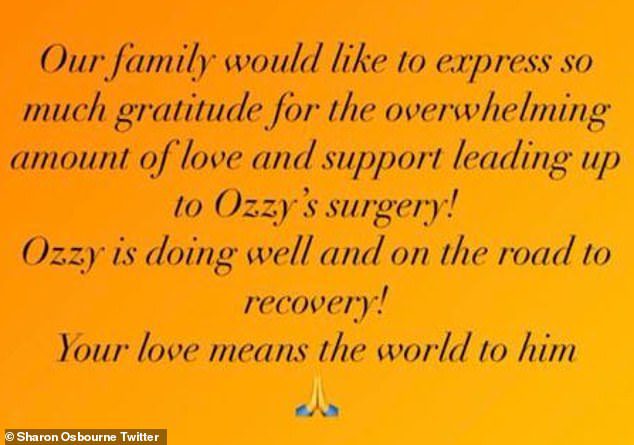 Dankbar: Sharon, 69, hat am Tag nach der Operation eine Nachricht auf ihrem Twitter-Account geteilt, um ihren Fans dafür zu danken, dass sie der Sängerin ihre besten Wünsche gesendet haben.