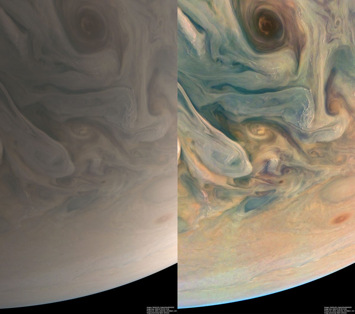 Auf der linken Seite ist eine weiche beige Version von Jupiter.  Rechts ist das gleiche Bild, mit Ausnahme der Blau-, Orange- und Gelbtöne.