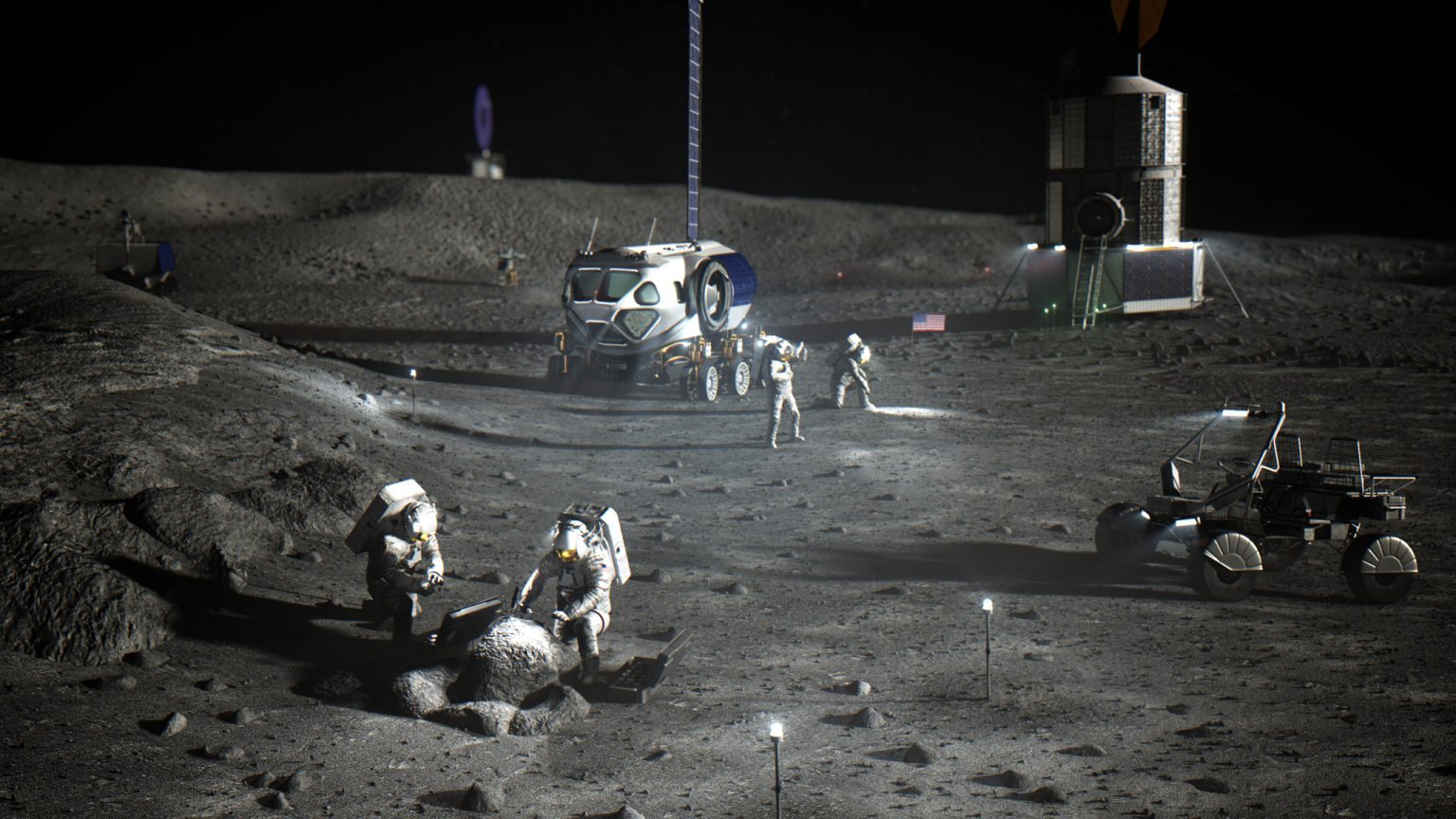 Künstlerische Darstellung von NASA-Astronauten am Mondsüdpol, die Vorarbeiten zur Errichtung des Artemis-Basislagers leisten.