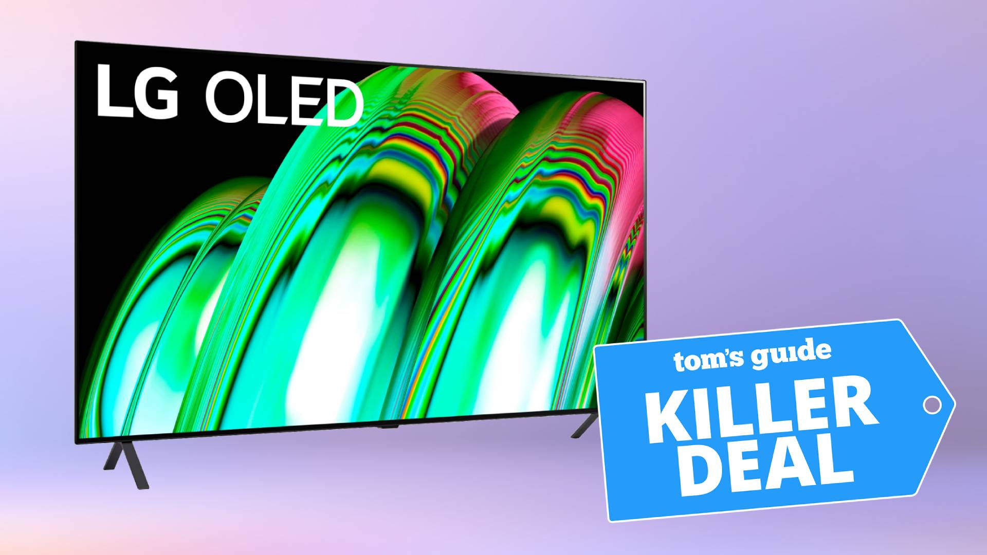 Porträt des LG A2 OLED 4K-Fernsehers auf violettem Hintergrund