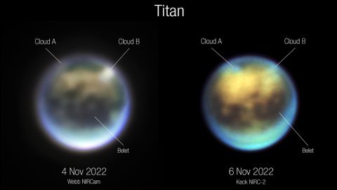 Astronomen verglichen die Bilder von Webb (links) und Keck von Titan, um zu sehen, wie sich die Wolken entwickelt haben.  Wolke A scheint sich zu drehen, während Wolke B sich aufzulösen scheint.